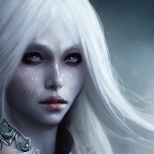 Image similar to kerli koiv as drow. d & d portrait character headshot, sharp, digital matte painting, anime key art by yoshitaka amano, greg rutkowski, wlop, dramatic lighting, trending on artstation