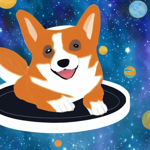 Prompt: a corgi during tea in space photo