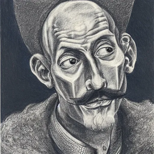 Image similar to Close-up of Don Quixote, pencil drawing. El Greco, Remedios Varo, Salvador Dali, Carl Gustav Carus, John Atkinson Grimshaw. Blue tint. Symetrical, logo, geometric shapes.