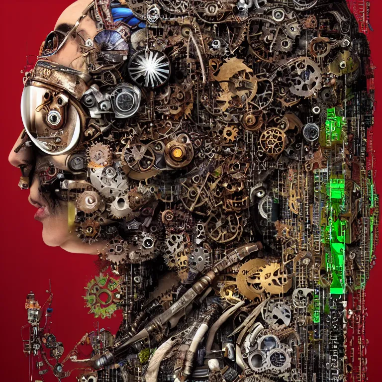 Image similar to profile portrait of a woman, computer parts, mechanical parts, by giuseppe arcimboldo, steampunk, cyberpunk, futuristic, psychedelic, surreal, sci - fi, vaporwave, alien, dreamlike.