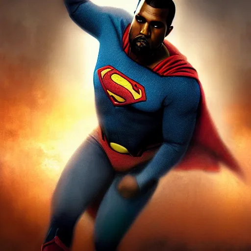 Image similar to Portrait of Kanye West as superman, heroic, amazing splashscreen artwork, splash art, head slightly tilted, natural light, elegant, intricate, fantasy, atmospheric lighting, cinematic, matte painting, detailed face, by Greg rutkowski