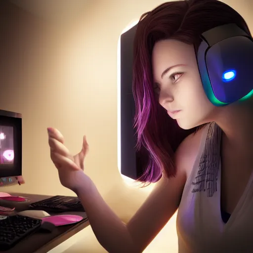 Image similar to gamer girl playing a game on her computer, portrait shot of her face lit up by the monitor, hyperrealistic, 4 k, trending on artstation, octane render, intricate detail, dark atmosphere