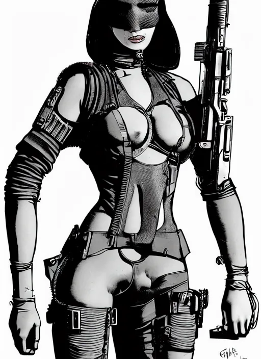 Image similar to cyberpunk mercenary in tactical harness and jumpsuit. portrait by stonehouse and mœbius and will eisner and gil elvgren and pixar. realistic proportions. dystopian. cyberpunk 2 0 7 7, apex, blade runner 2 0 4 9 concept art. cel shading. attractive face. thick lines.