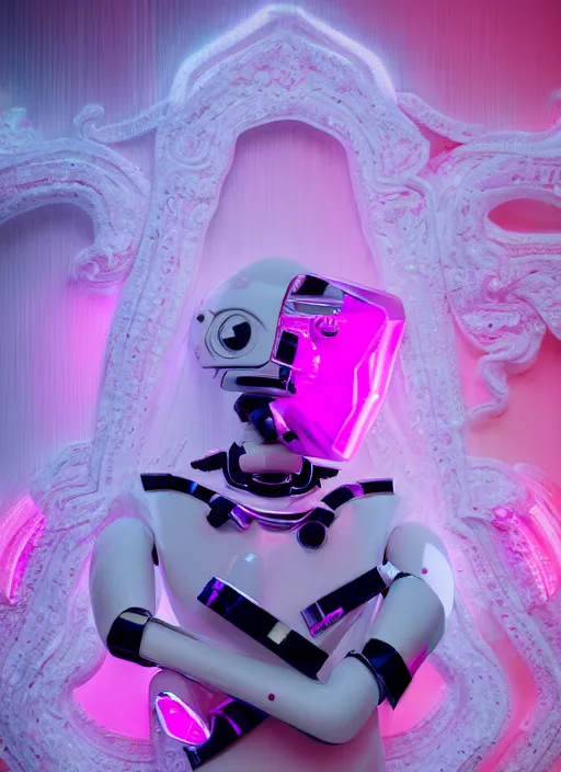 Image similar to photo of fullbodied baroque and bladerunner delicate neon diamond sculpture of robot onyx albino marble prince kai harvatz dotado pink iridescent robotic mask psychedelic, reclining, glowing magenta face, crown of white diamonds, cinematic lighting, photorealistic, octane render 8 k depth of field 3 d