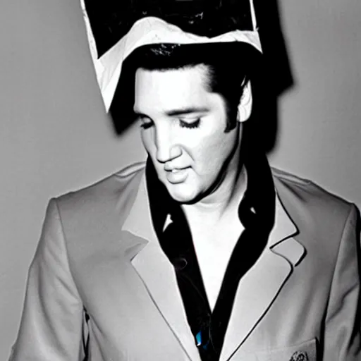 Image similar to a photo of elvis presley. a man with a paper bag on his head. a paper bag covering elvis presley's face