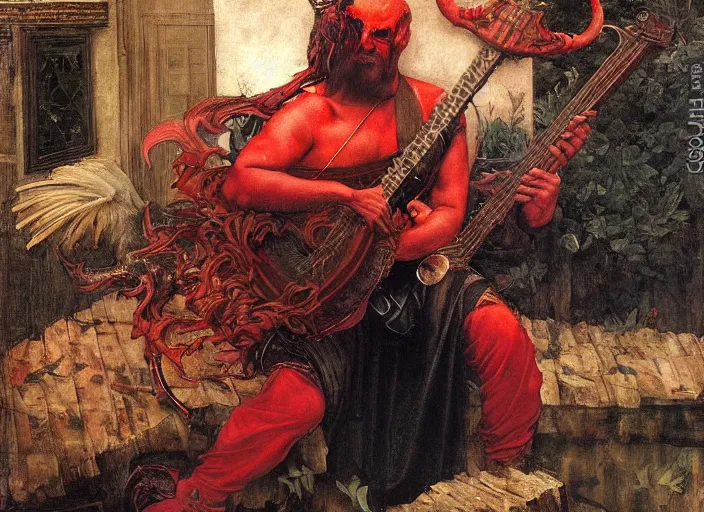 Image similar to a devil with red skin and horns. the red devil is bard playing lute. edgar maxence and caravaggio and michael whelan and delacroix style, artistic, intricate painting, cinematic lighting, hyper realistic, extremely detailed, vivid colors, establishing shot, dramatic lighting