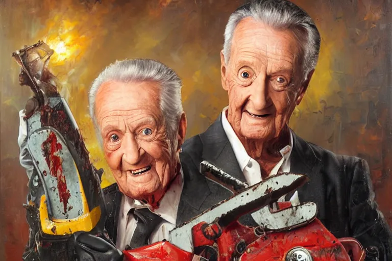 Prompt: portrait of bob barker holding a chainsaw bloody, an oil painting by ross tran and thomas kincade