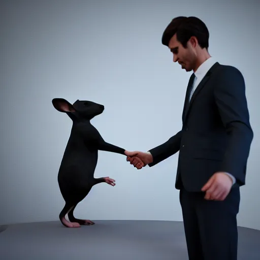 Image similar to a mouse in a suit shaking hands with a rabbit in a suit. Unreal 5 render volumetric lighting, beautiful, 4k UHD, ultra high quality