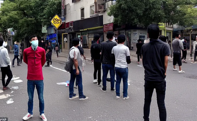 Prompt: a frightened young man in a street surrounded by people without eyes. people are starting at crt televisions on the corners s 1 5 0