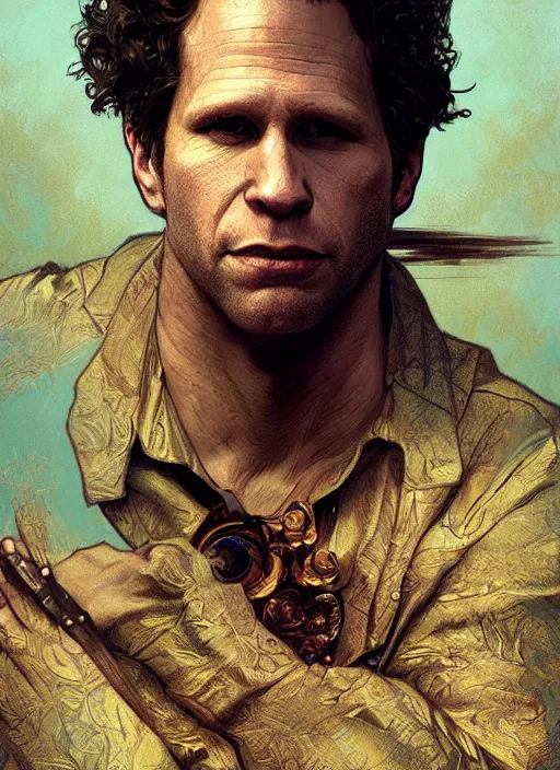 Prompt: Glenn Howerton as the Golden God, intricate, highly detailed, digital painting, artstation, concept art, sharp focus, illustration, art by greg rutkowski and alphonse mucha