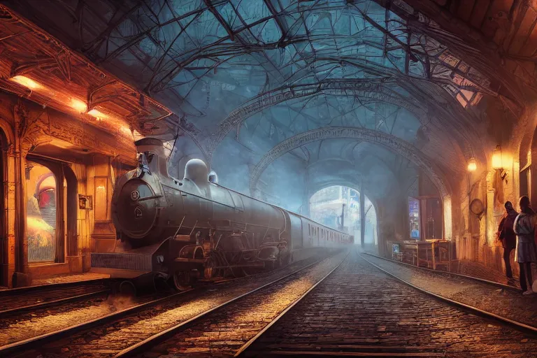 Prompt: some wizard waiting in hogwart train station in quiet dark city, hyper detailed, orange red blue tones dramatic lighting, cgsociety, realistic, hyper detailed, insane details, intricate, dramatic lighting, hypermaximalist, golden ratio, rule of thirds, octane render, weta digital, micro details, ultra wide angle, artstation trending, 8 k,