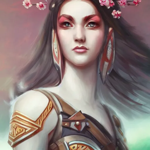 Image similar to - H 768 a zigmerian warrior in a cherry blossom field, Artgerm, artstation, digital art, sharp focus, high fantasy, illustration, D&D, pale colors