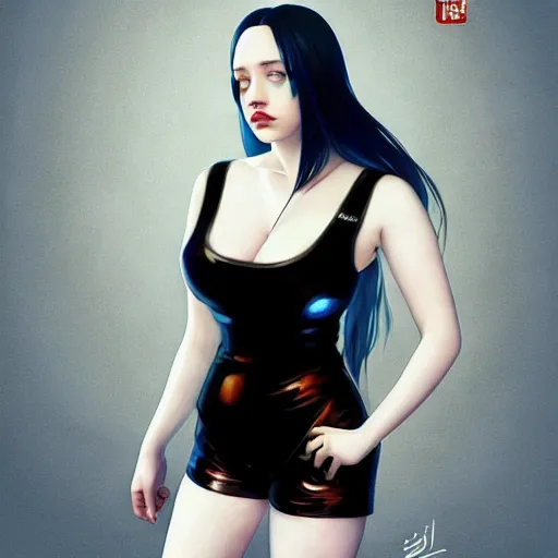 Prompt: a beautiful billie eilish kat dennings alluring gravure model in elaborate latex tank top, by guweiz and wlop and ilya kuvshinov and artgerm and makoto shinkai and studio ghibli, symmetrical eyes, aesthetic, gorgeous, stunning, alluring, attractive, artstation, deviantart, pinterest, digital art