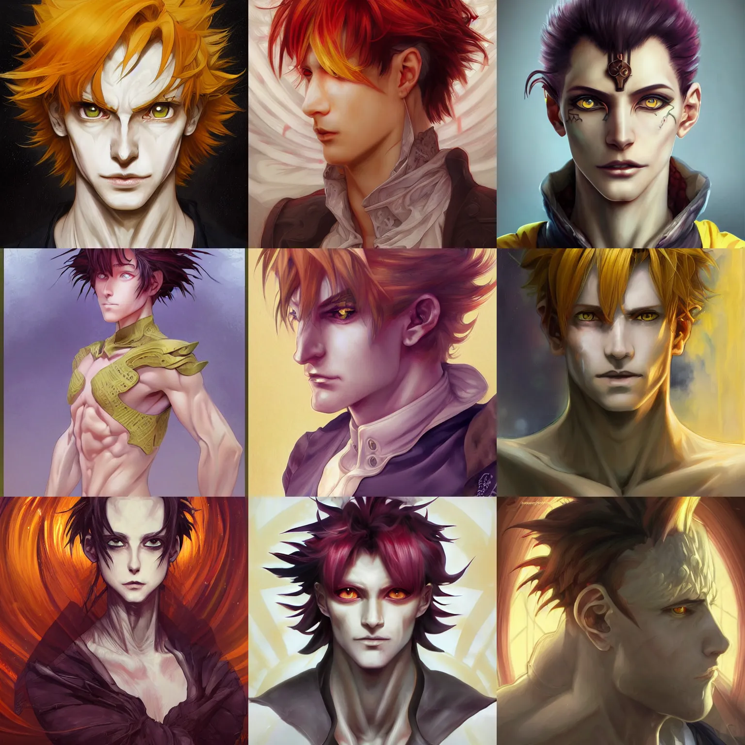 Prompt: portrait of hisoka morow hunter hunter, evil devious male, upper body sharp jaw yellow eyes small eyes red hair, floppy medium length hair, anime, fantasy, intricate, elegant, highly detailed, digital painting, artstation, key art anime sharp focus, illustration hunterpedia art by artgerm and greg rutkowski and alphonse mucha