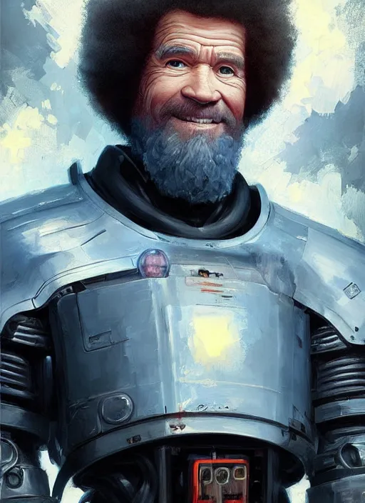 Prompt: portrait of bob ross wearing cybernetic power armor. intricate painting by ross tran, magali villeneuve, and jeremy mann.