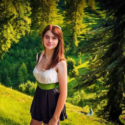 Image similar to a beautiful photograph of a girl with switzerland landscape in the background with trees, hdr, 8 k, high quality, sharp focus, artstation, highly detailed, award - winning, dramatic lighting, beautiful clouds, and nature