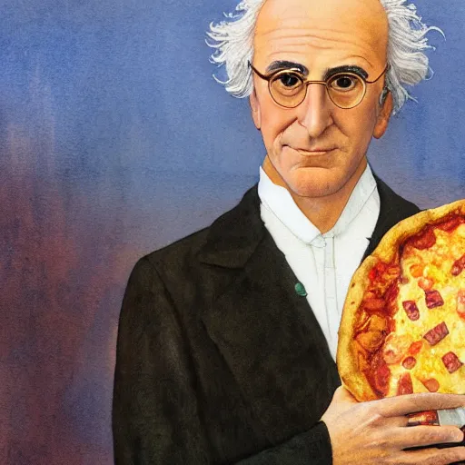 Prompt: realistic portrait of larry david in a pizza costume, detailed art by maxfield parrish and jessie willcox smith, illustration style, watercolor