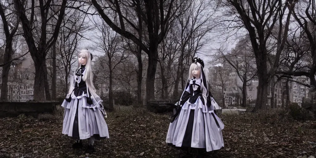 Prompt: beautiful android gothic lolita standing in a city taken over by nature , theme of sadness, melancholy, and dark beauty, high exposure