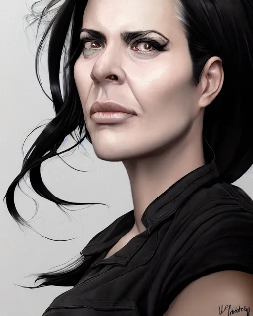 Image similar to portrait of a tall 4 0 - year - old woman with thin lips, heavy - lidded eyes, a strong jaw and long, thick shining black hair, thick eyebrows and long eyelashes, wearing in black clothes, hyper realistic face, beautiful eyes, character art, art by mark brooks, hyperdetailed, cryengine, trending on artstation, digital art