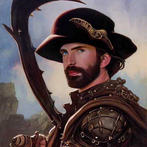 Prompt: half length portrait of chris evans as a swashbuckler, d & d, medieval, fantasy, greg rutkowski, frank frazetta, alexandre chaudret, boris vallejo, michael whelan, miro petrov, hr giger