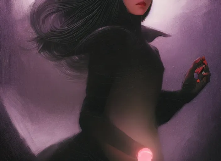 Image similar to high angle picture of a black dress witch researching about the azathoth, model pose, very brightening eyes, huge magic circles on the hand, magic and fantasy, extremely beautiful and aesthetic and detailed cute face, specular reflection, occlusion shadow, intricate, masterpiece, by ilya kuvshinov and jeremy lipking and quentin mabille