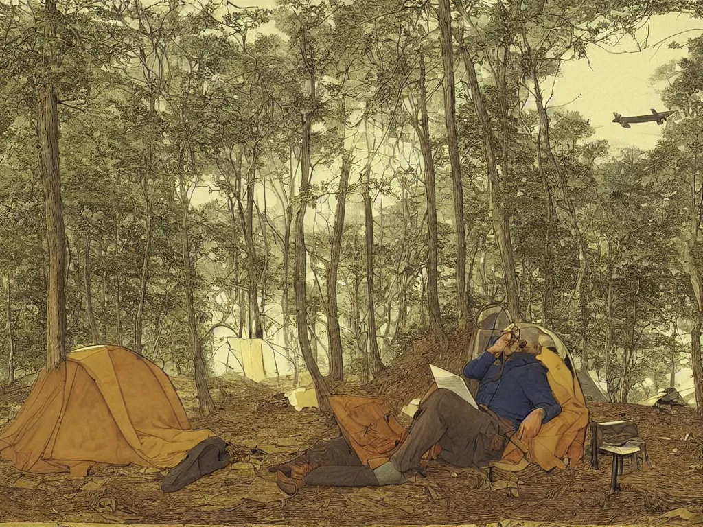 Prompt: man with eye glasses reading in a tent in the forest. plane in the sky far away. artwork by moebius, georges de la tour