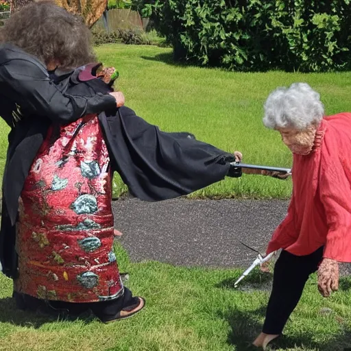Prompt: my dog and my grandma dueling to the death, dramatic, serious, samurai armor, honourable
