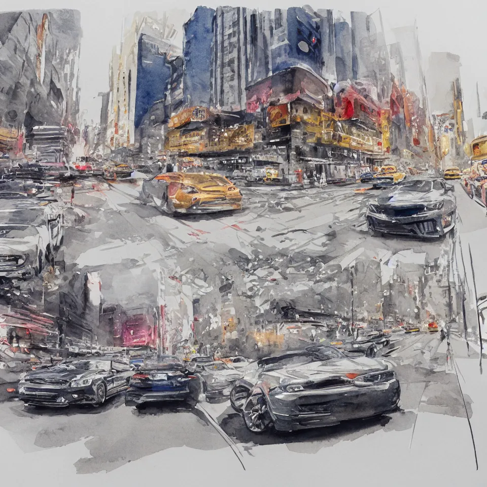 Image similar to a detailed watercolor sketch of cars racing in new york city