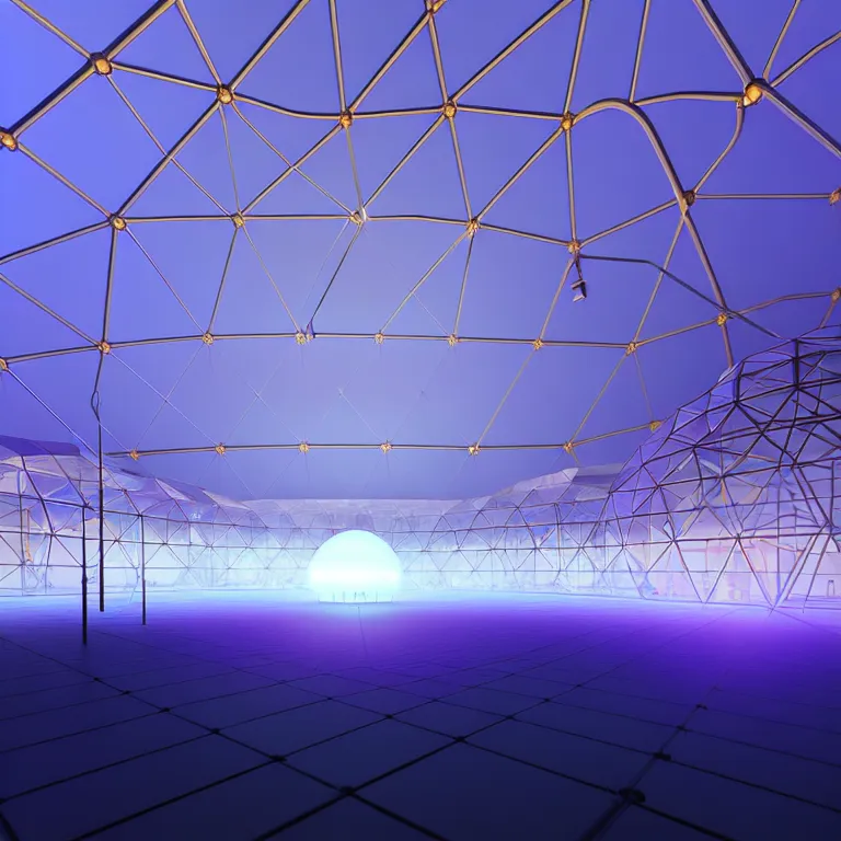 Image similar to an immaculate volumetric path tracing lighting render of a of beautiful iridescent large geodesic dome device at the center of a vast modern datacenter, fog, god rays, and nixie tubes by eric lafforgue and beeple, beautiful modern colors, ultradetailed, 4k ultra