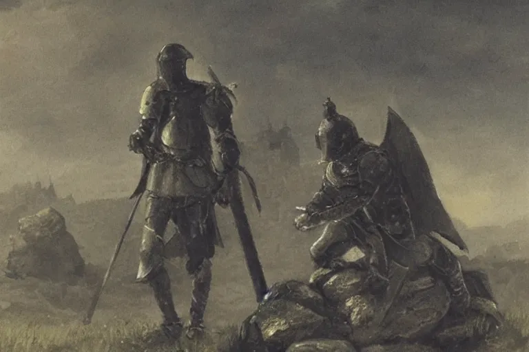 Prompt: lone weary knight!!! guarding a large stone tomb!!!, leaning on his sword!!!, battle-worn, dusk, bodies of monsters