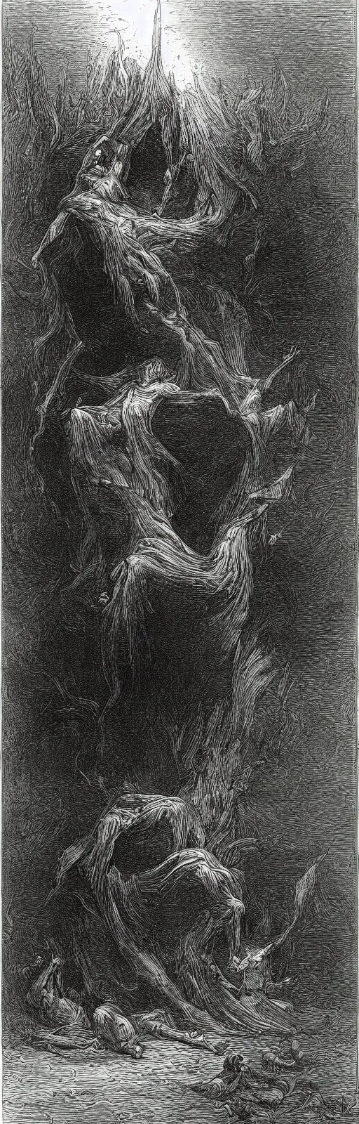 Image similar to dark fantasy illustration of an abstract mind seeping black oil, drawn by gustave dore