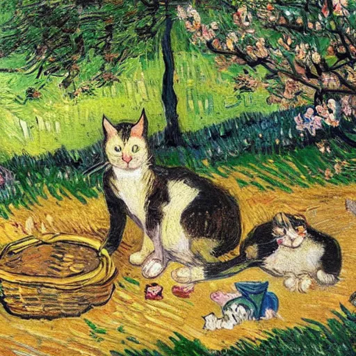 Prompt: cats having a picknick under cherry blossoms, painting, impressionist, van gogh, summer day, sunny