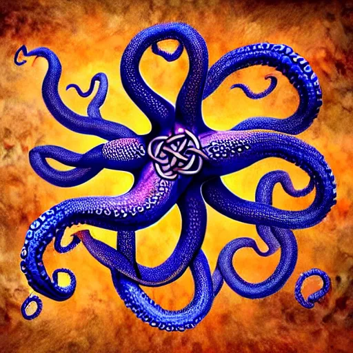 Image similar to a dramatic and beautiful digital matte painting of large realistic octopus with legs made of fractal celtic knots, trending on cgartist, hi-fructose, mandala, string wall art, ultra detailed 8k