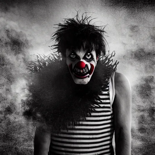 Image similar to Evil clown Big smiling mouth, black round nose, spiky long hair, worn striped tank top emerging from a fog and dust. Realistic. Very textured, hyper detailed, cinematic, ambience, perfect composition, focus, dark