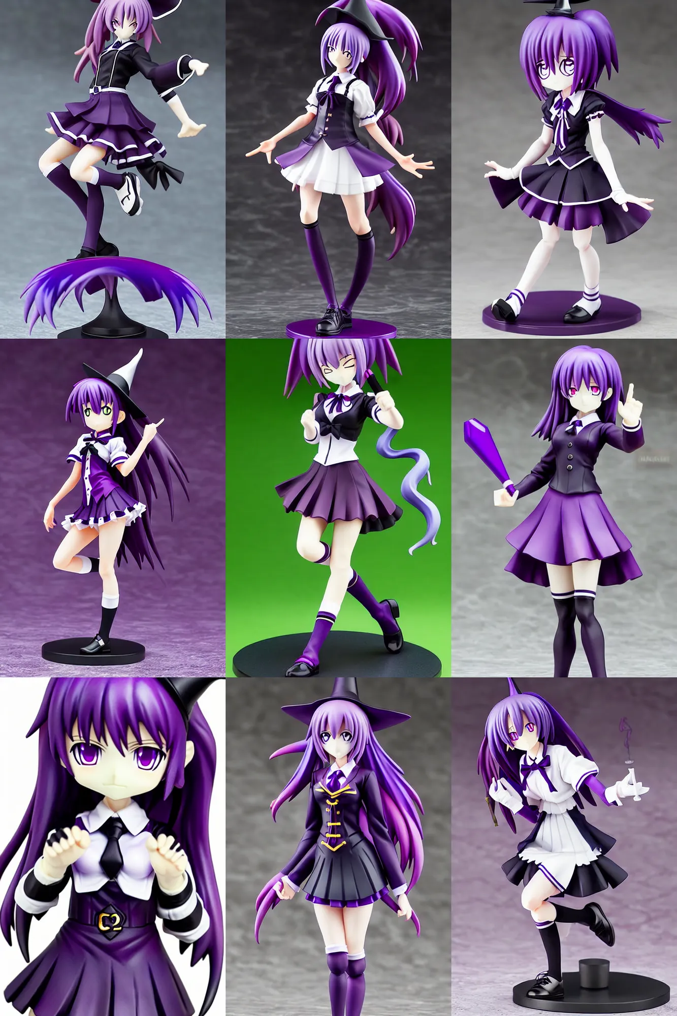 Prompt: still figurine of student witch anime girl wearing magic school uniform, purple to black fade hair color, undercut hairstyle, personification, dynamic pose, detailed product photo, featured on amiami, beautiful composition, by akihiko yoshida