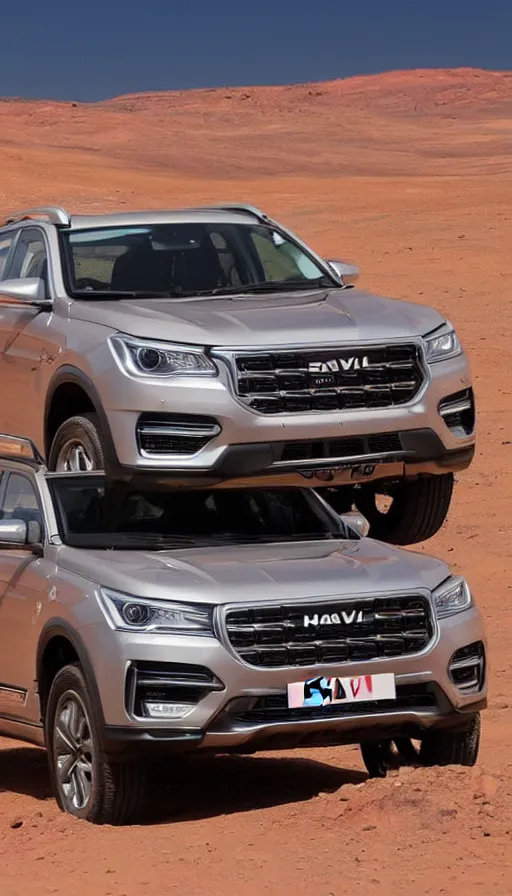 Prompt: haval h9 on mars the terminator sits behind the wheel