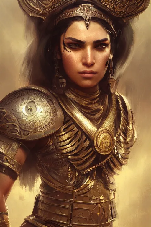 Prompt: portrait, a strong looking female persian warrior, very detailed, medieval iranian city, ornate, ross tran, ruan jia, tom bagshaw, greg rutkowski, 1 6 k, headroom, warm, character illustration