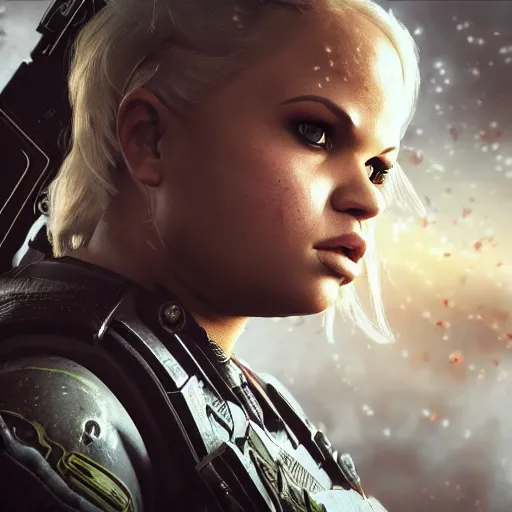 Image similar to Portrait of trisha paytas in Gears of War, splash art, movie still, cinematic lighting, dramatic, octane render, long lens, shallow depth of field, bokeh, anamorphic lens flare, 8k, hyper detailed, 35mm film grain