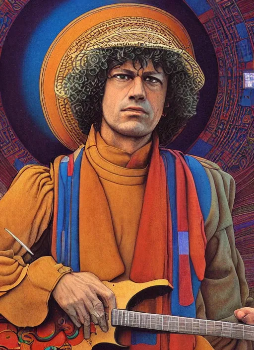 Prompt: an awesome jean giraud graphic art of pat metheny in the style of a renaissance masters portrait, mystical and new age symbolism and tibetan book of the dead imagery, intricately detailed, 4 k