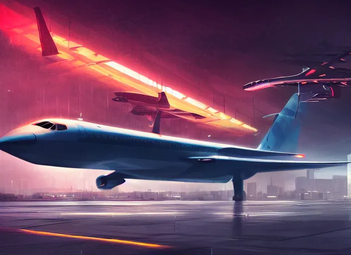 Image similar to immense futuristic jet plane arrives at runway of cyberpunk airport at night ,cinematic lighting, concept art