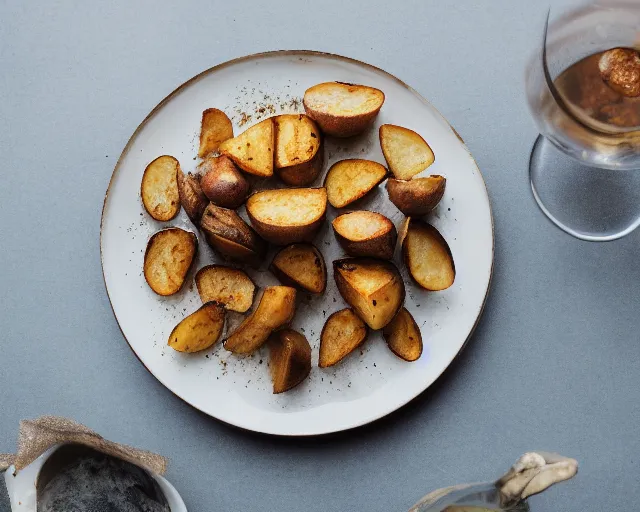 Prompt: 8 5 mm food photography of a plate of grilled potatoes with vanilla ice cream at a restaurant with dof and bokeh and wine glasses o