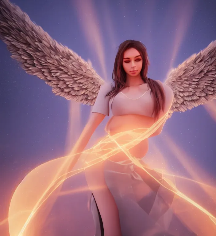 Prompt: centered waist up portrait of an angel + glowing outlines, bokeh + DOF + 8k, photorealistic + rendered in unreal engine + ultra realistic + backlit + strong rimlight, sunset + HDRI, HD, Photoreal