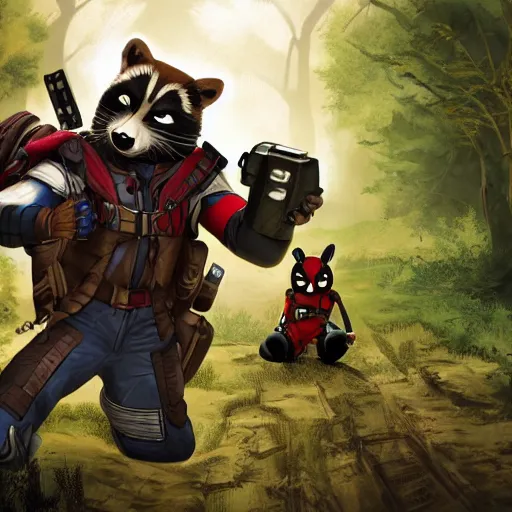 Image similar to rocket raccoon and deadpool in the woods digital art 4 k detailed super realistic