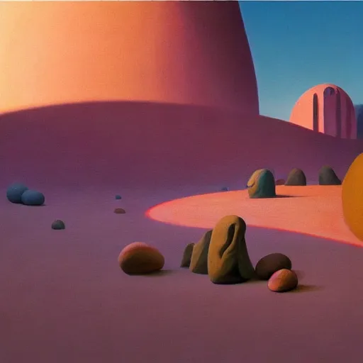 Image similar to pop-surrealist landscape painting, octane render, unreal engine, very nice pastel colors, lights and shadows, glowing hot sun, very coherent, Houdini algorithmic generative art, painted by Edward Hopper, Wayne Barlowe, painted by James Gilleard, airbrush, art by JamesJean