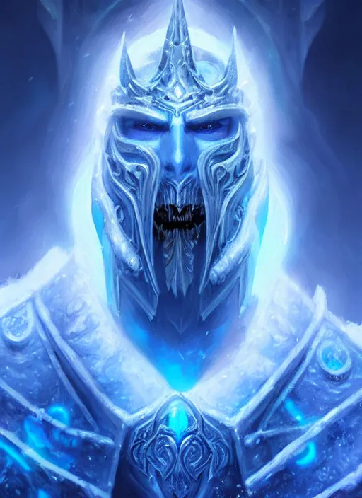 Image similar to portrait of a arthas the lich king, cold, glowing blue spirits, ghosts, intricate, elegant, highly detailed, digital painting, artstation, concept art, smooth, sharp focus, illustration, art by wlop, mars ravelo and greg rutkowski