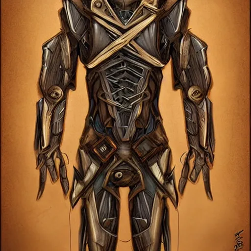 Image similar to exoskeleton made of wood, worn by super strong elf wizard, digital art, very detailed, trending on deviantart