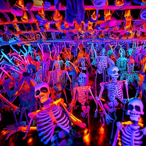 Image similar to photo, a giant crowd of realistic anatomically correct claymation skeletons dancing sensually and cool inside a colorful futuristic night club, blue edge lighting