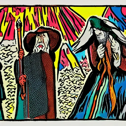 Image similar to a scene from lord of the rings, shamanic ritual run by gandalf, pop art