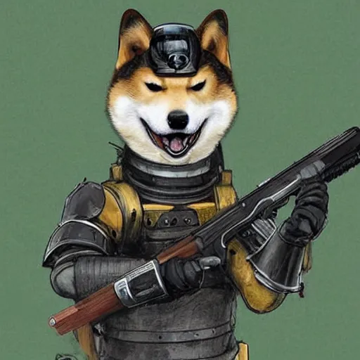 Prompt: anthropomorphic shiba inu, wearing armor from game stalker freedom yellow exoskeleton armor without helmet, with rifle in hands,