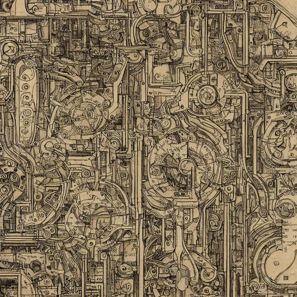 Image similar to close - up on detailed, intricate technical drawings from 1 8 4 0 with extensive written labels and covered in scribbled pencil notes, for a mechanical display attachment to babbage's difference engine, showing a screen playing tetris, beautiful, symmetric, art nouveau